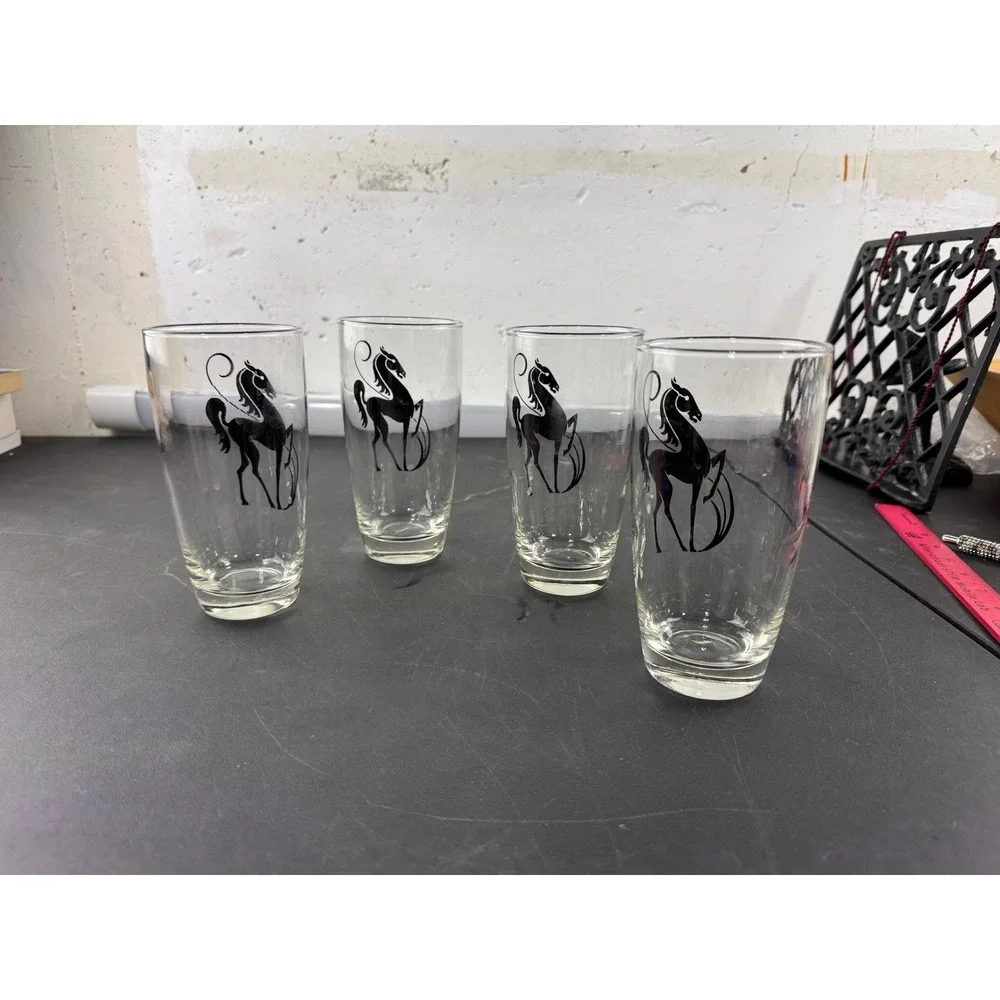 Vintage Prancing Black Horse Silhouette Clear Glass Tumblers Set of 4‎ MCM